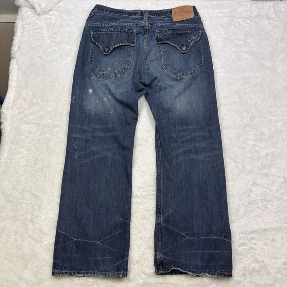Ed Hardy Jeans Mens 36x32 Blue Distressed Splatter Straight Flap Pockets Whisker - Picture 5 of 16